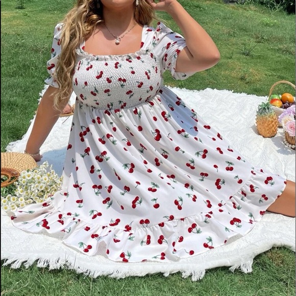 Boho Plus Size Off White Red Cherry Print Rockabilly Shirred Smocked Dress - Picture 3 of 6
